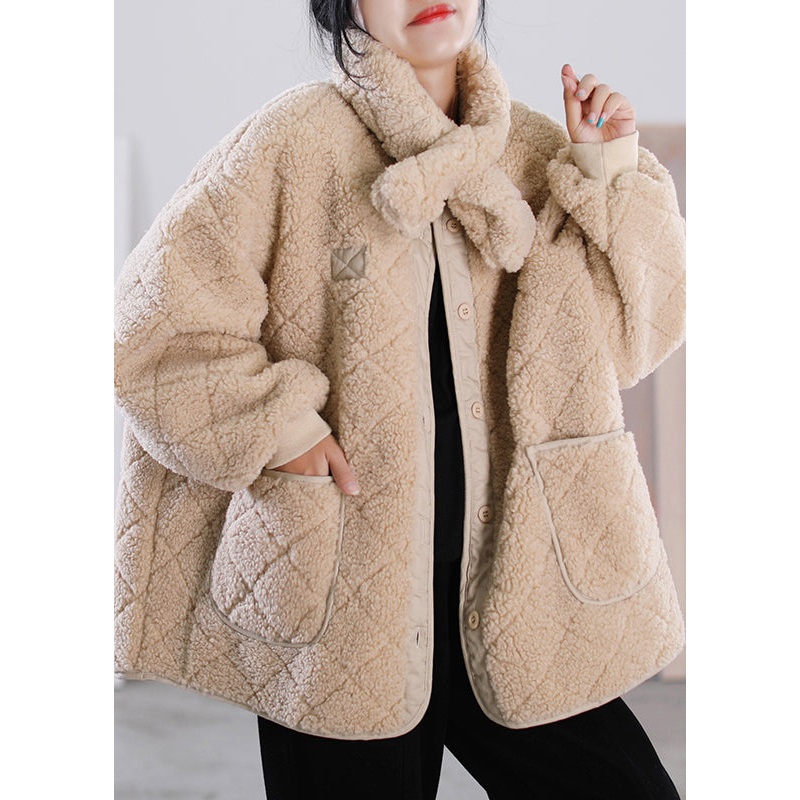 Fashion Khaki O-Neck Button Pockets Faux Fur Coat Winter