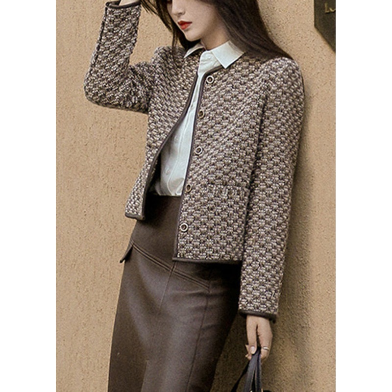 Fashion O-Neck Plaid Button Cotton Coat Long Sleeve