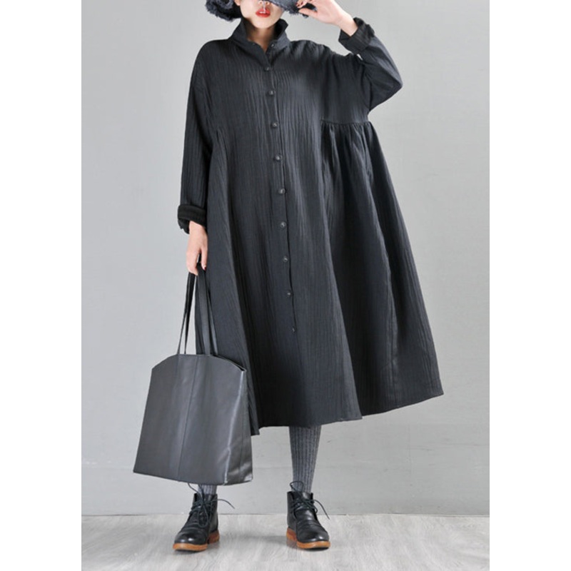Fitted Black Peter Pan Collar Patchwork Button Linen Trench Coats Long Sleeve