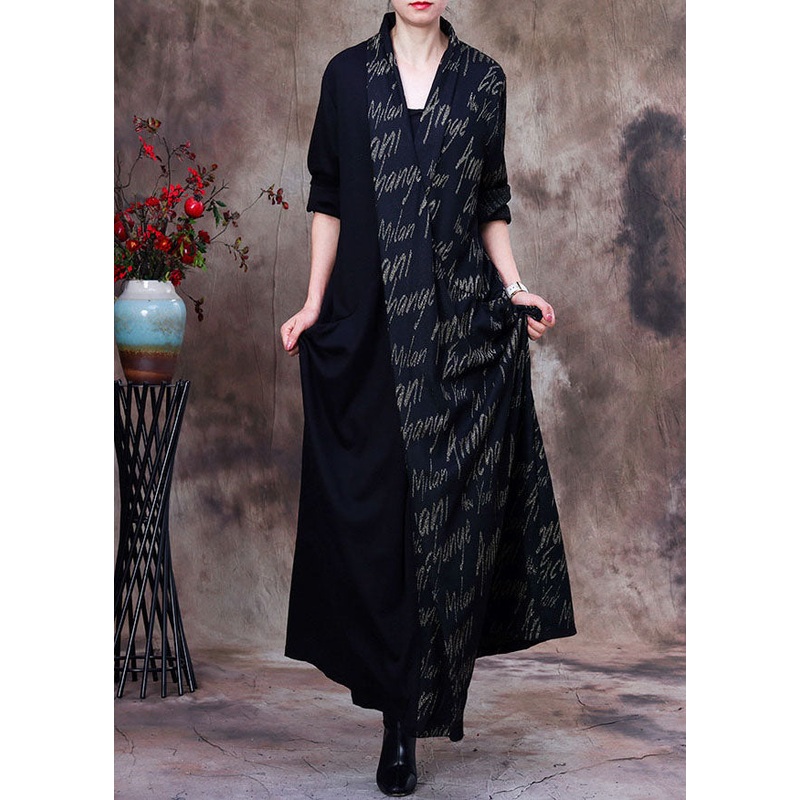 Fitted Black V Neck Patchwork Letter Print Cashmere Trench Long Sleeve