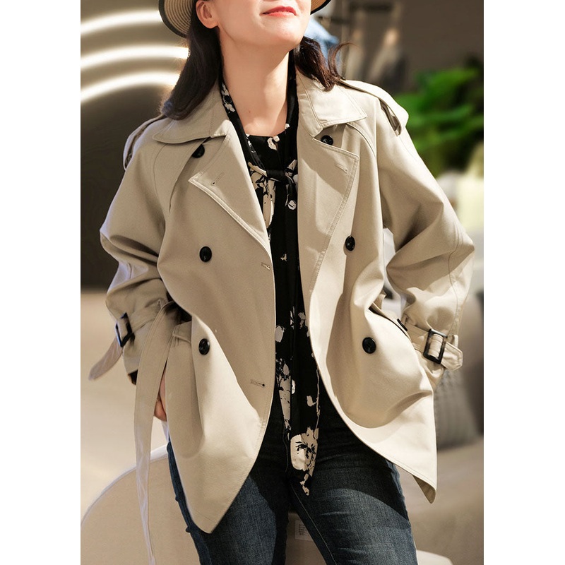 French Apricot Peter Pan Collar Sashes Double Breast Spandex Coats Fall