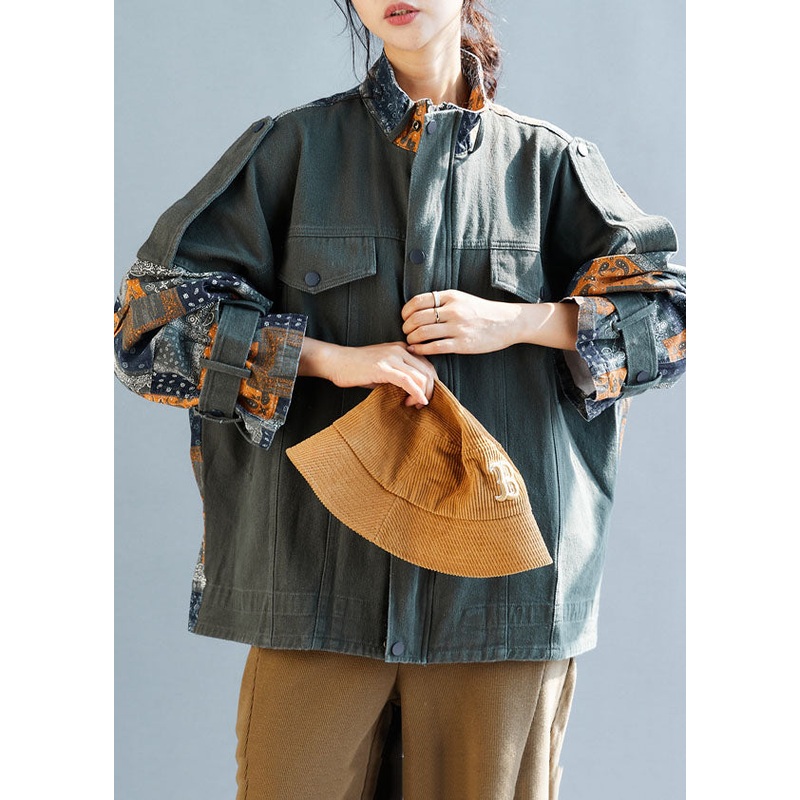 French Army Green Zippered Oversized Patchwork Cotton Coats Fall