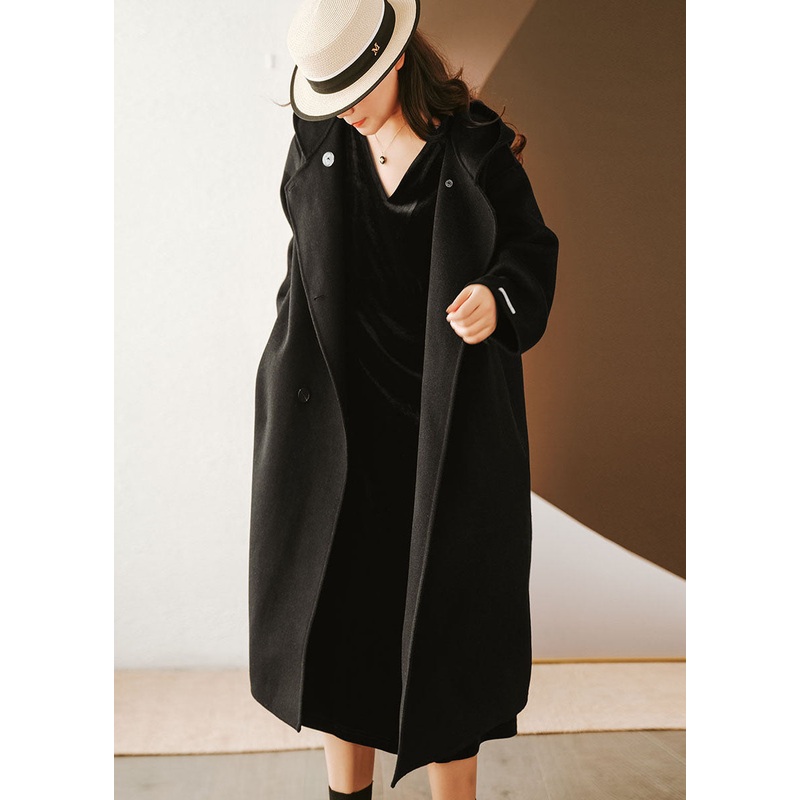 French Black Hooded Solid Color Woolen Loose Trench Winter