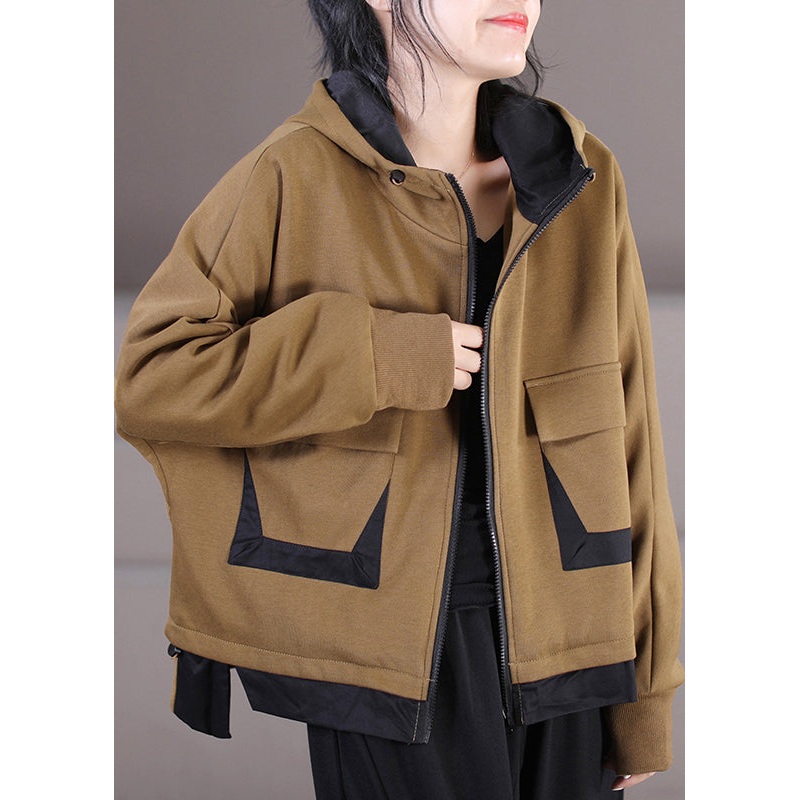 French Khaki Zippered Patchwork Drawstring Cotton Hooded Coat Long Sleeve