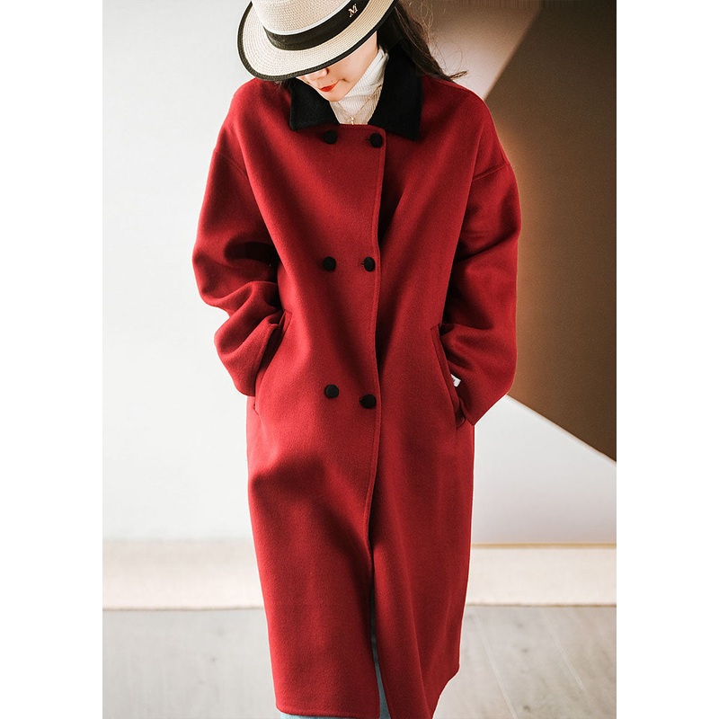 French Red Colorblock Peter Pan Collar Patchwork Double Breast Woolen Coats Winter