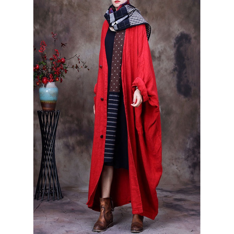 French Red V Neck Oversized Linen Trench Coat Long Sleeve