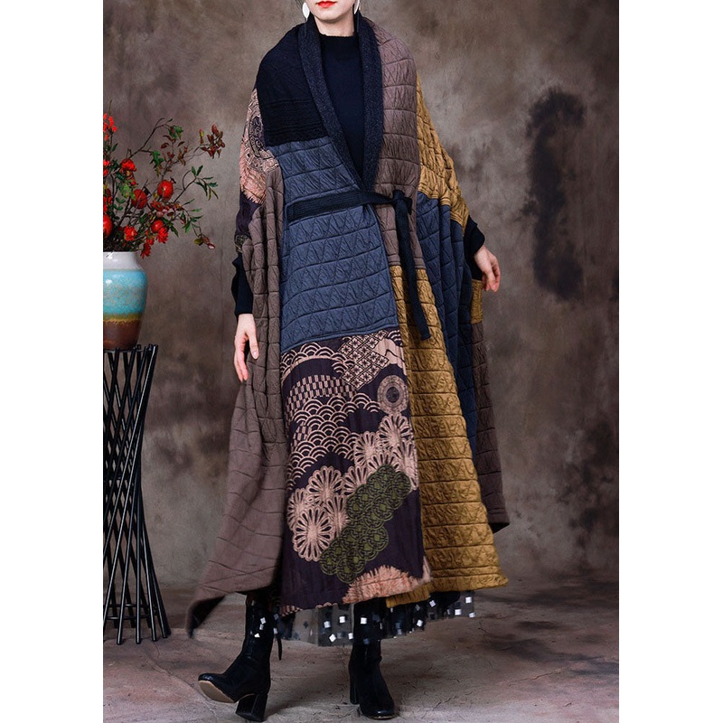 French Yellow Coffee Asymmetrical Patchwork Fine Cotton Filled Coats Winter