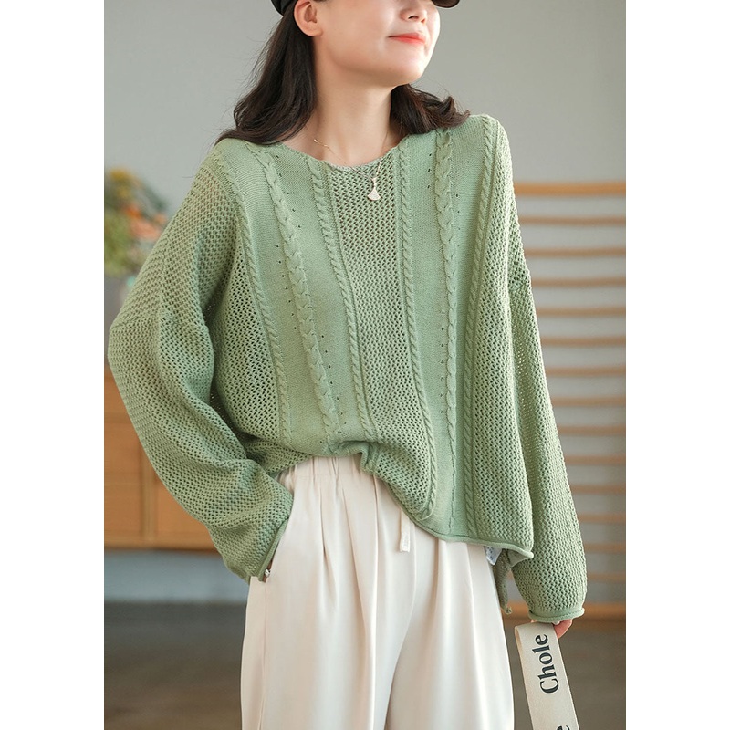 Green Solid Knit Sweaters O-Neck Oversized Winter