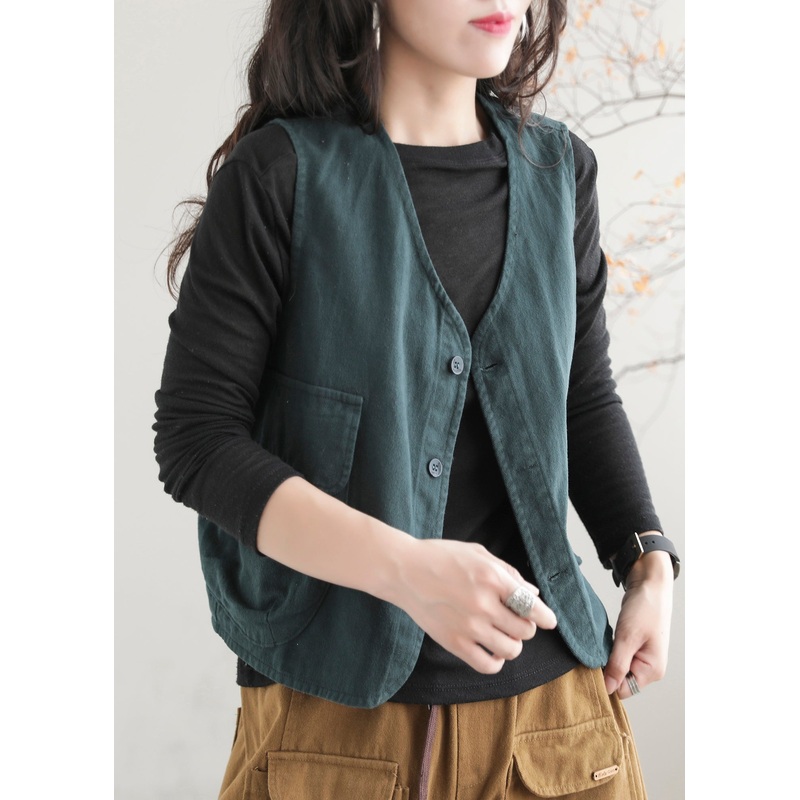 Green V Neck Button Pockets Waistcoat Sleeveless