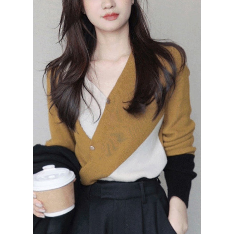 Handmade Mustard Yellow V Neck Patchwork Thick Cashmere Knit Sweaters Long Sleeve