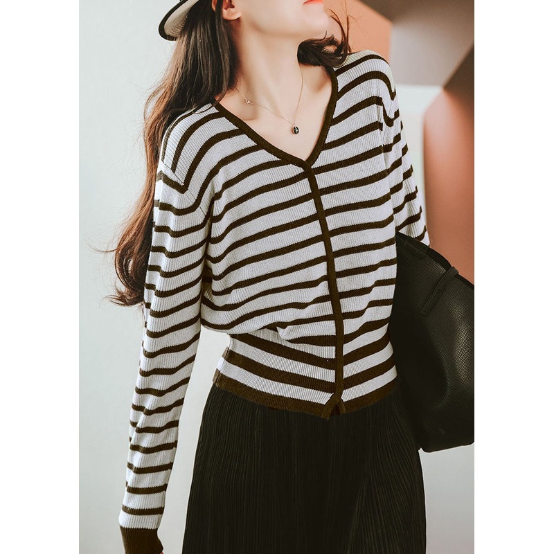 Italian Coffee V Neck Striped Wool Knitted Tops Fall