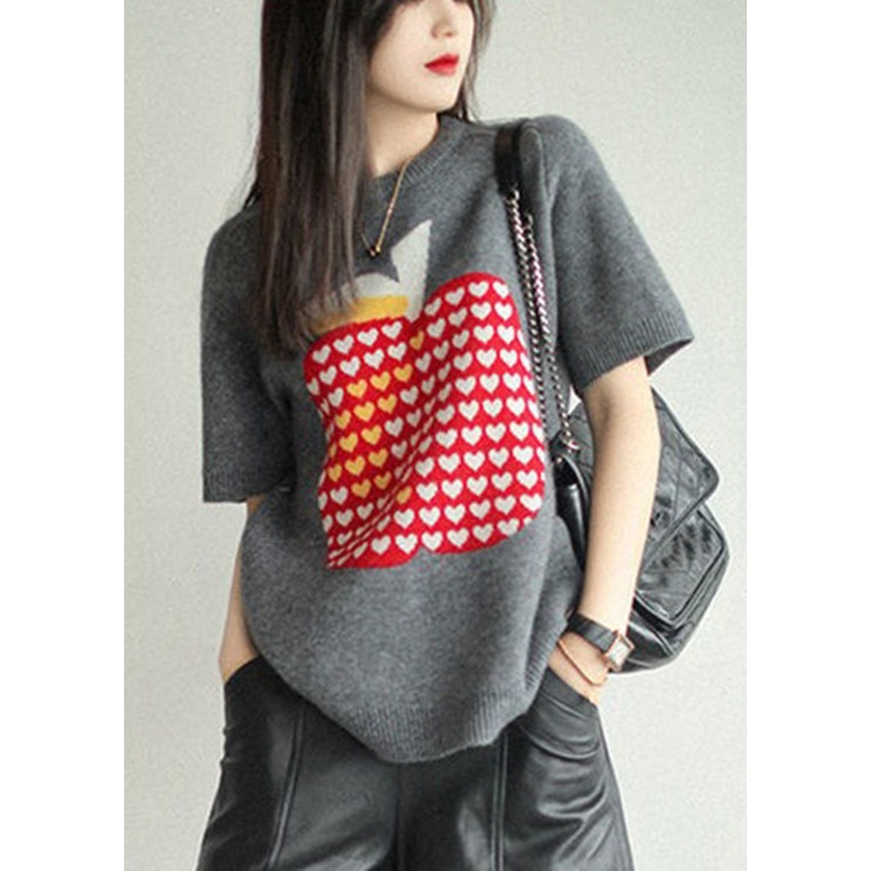 Jacquard Grey O-Neck Knit Pullover Short Sleeve