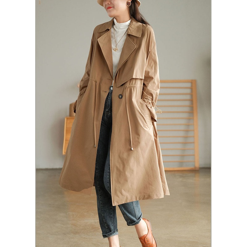 Khaki Solid Color Cotton Trench Coats Oversized Notched Fall