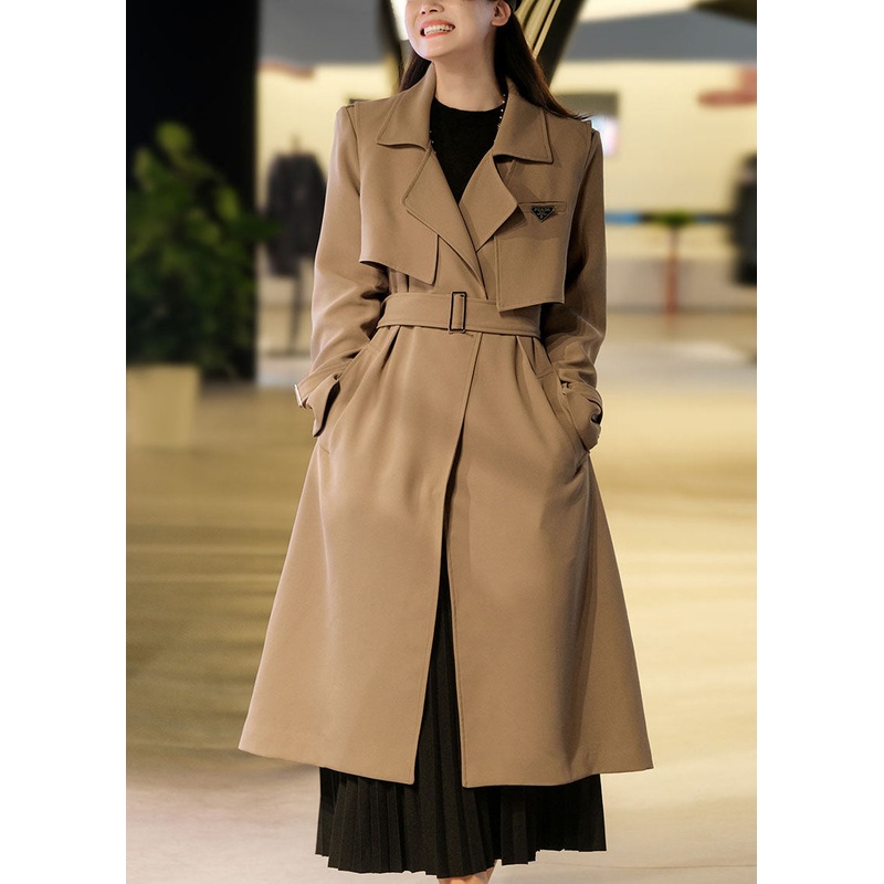 Khaki Spandex Trench Coats Two Piece Set Women Clothing Double Breast Fall