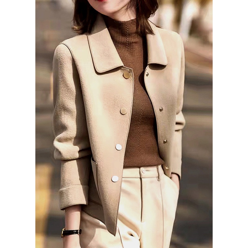 Loose Beige Peter Pan Collar Button Woolen Coats Long Sleeve