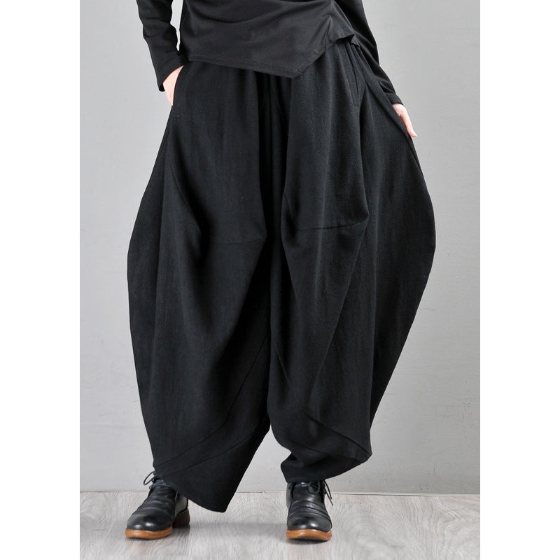 Loose Black Pockets Elastic Waist Wide Leg Pants Fall