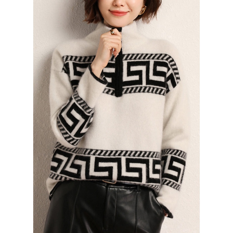 Loose White Turtleneck Print Knit Zippered Cashmere Top Long Sleeve