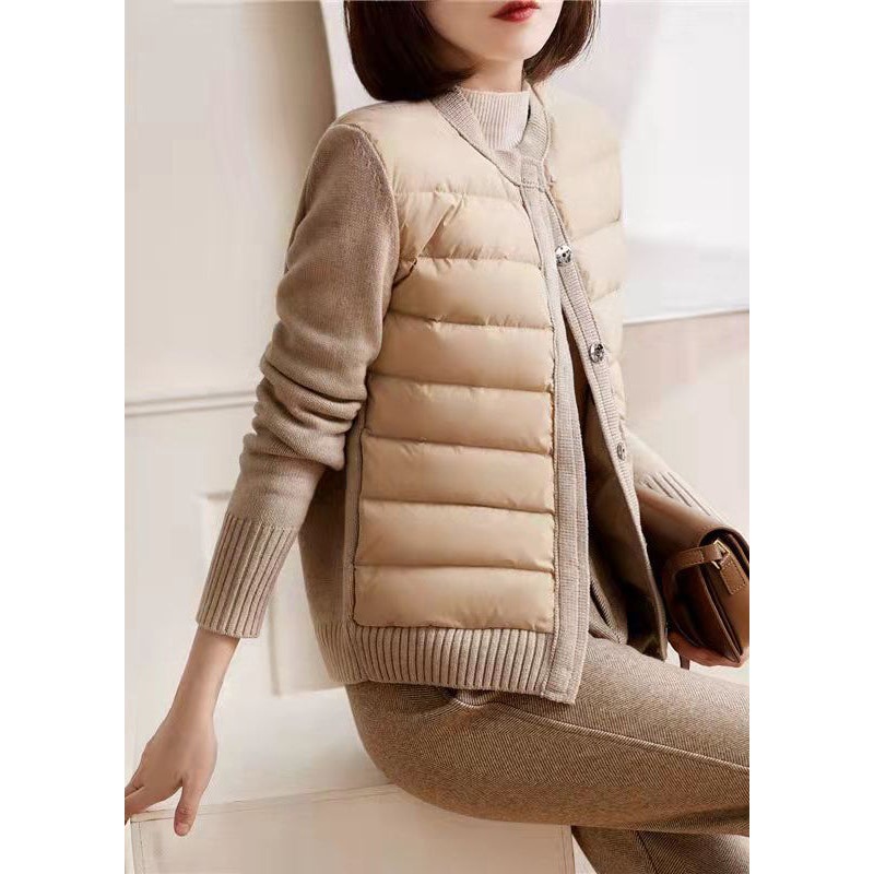 Modern Beige White Colour O-Neck Patchwork Knit Parka Long Sleeve