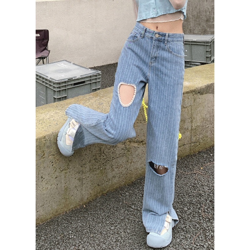 Modern Blue Loving Heart Patchwork Nail Bead Side Open Pockets Button High Waist Pants Summer