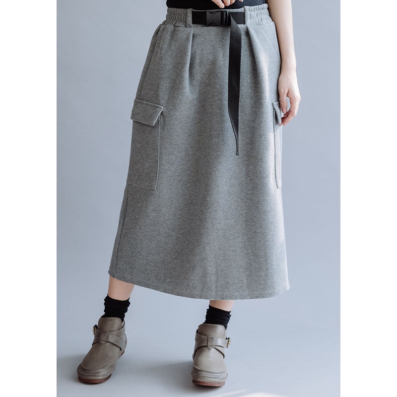 Modern Grey Elastic Waist Solid Pockets Cotton Skirt Fall