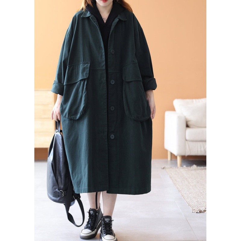 Novelty Blackish Green Peter Pan Collar Pockets Cotton Trench Coats Long Sleeve