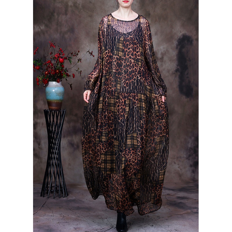 Organic Coffee O-Neck Print Maxi Dress And Suspenders Two Pieces Set Fall