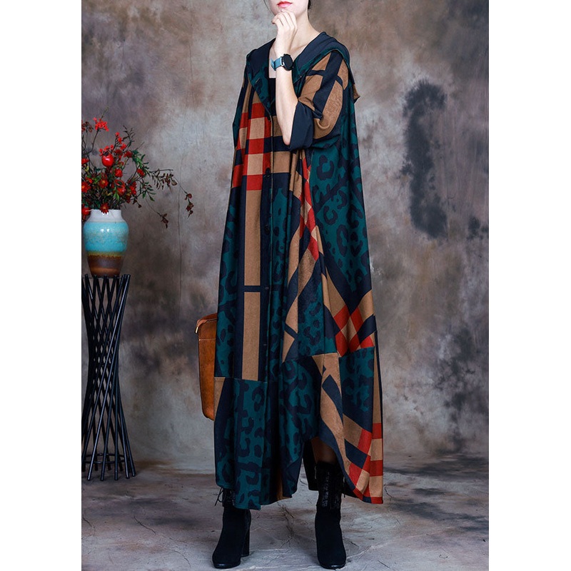 Plus Size Green Hooded Plaid Leopard Patchwork Cotton Trench Coat Long Sleeve
