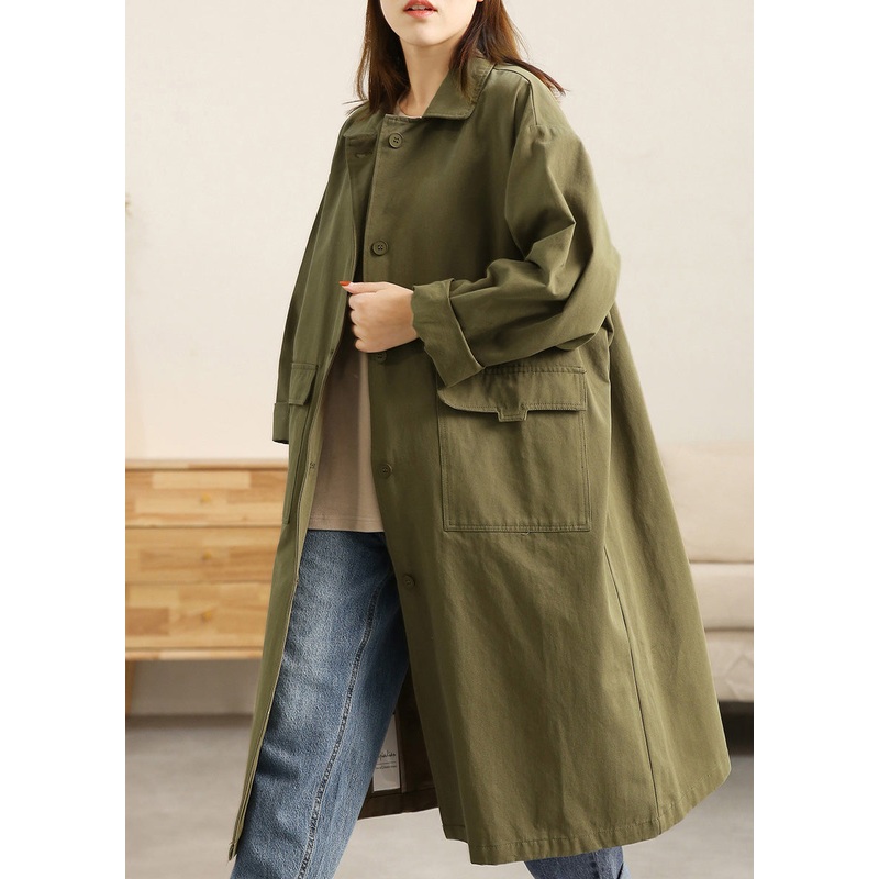 Plus Size Green Peter Pan Collar Button Pockets Cotton Trench Coats Long Sleeve