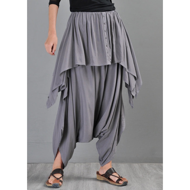 Plus Size Grey Pockets Solid Draping Cotton Pants Skirt Summer