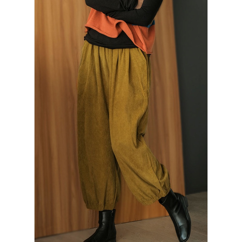 Plus Size Yellow Elastic Waist Corduroy Harem Pants Fall