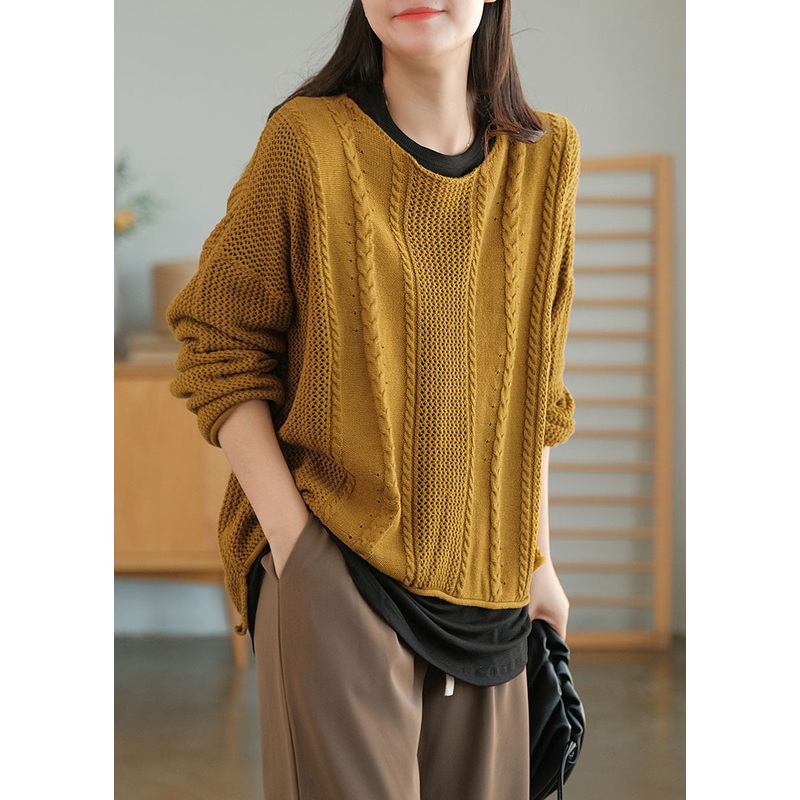 Plus Size Yellow O-Neck Hollow Out Knit Sweaters Fall