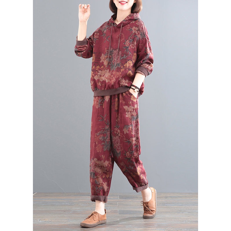 Red Print Linen Hooded Top And Pants Two Pieces Set Fall