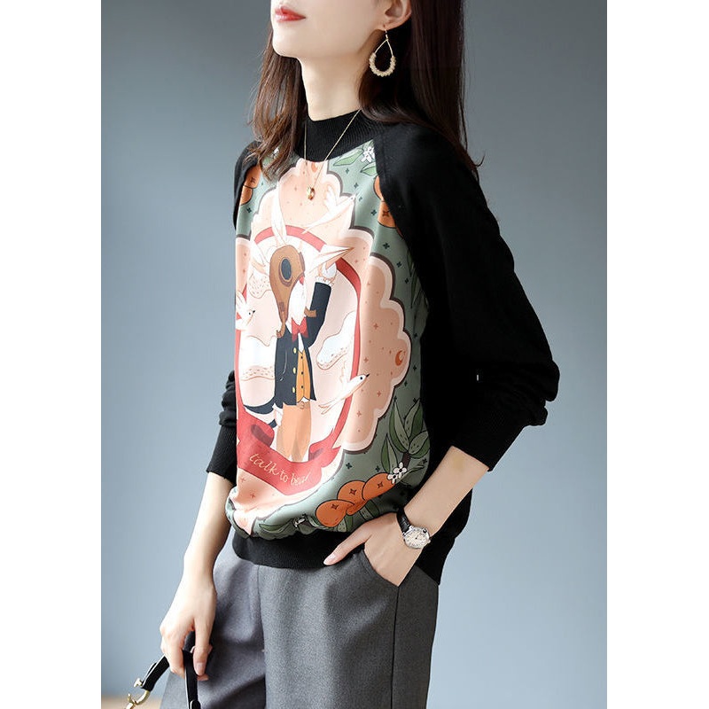 Retro Black Turtleneck Print Patchwork Knit Sweatshirts Long Sleeve