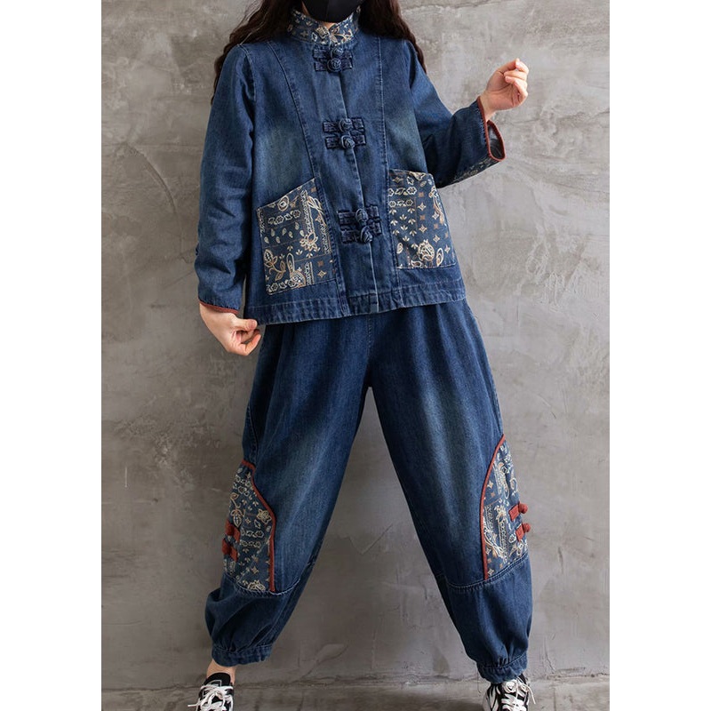 Retro Blue Stand Collar Print Cotton Denim Coats And Pants Two Pieces Set Fall