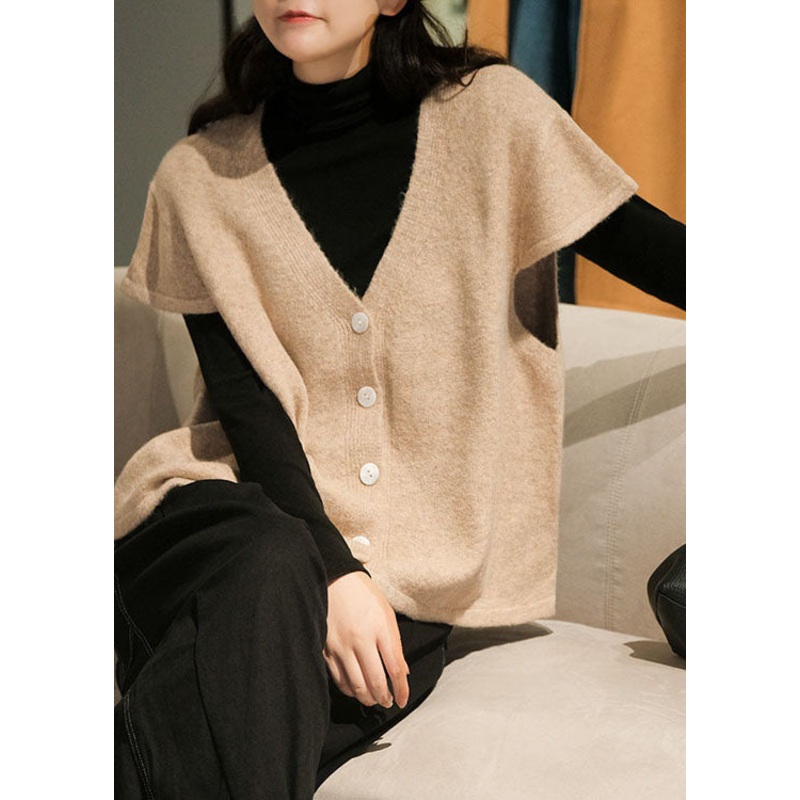 Simple Beige V Neck Button Wool Knitted Waistcoat Short Sleeve