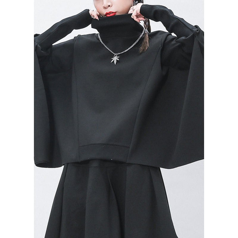 Simple Black Turtleneck Patchwork Top Batwing Sleeve