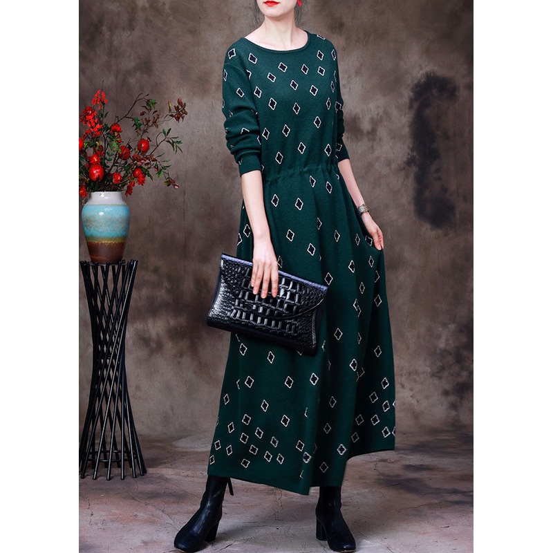 Slim Fit Green O-Neck Drawstring Print Knit Long Dress Long Sleeve