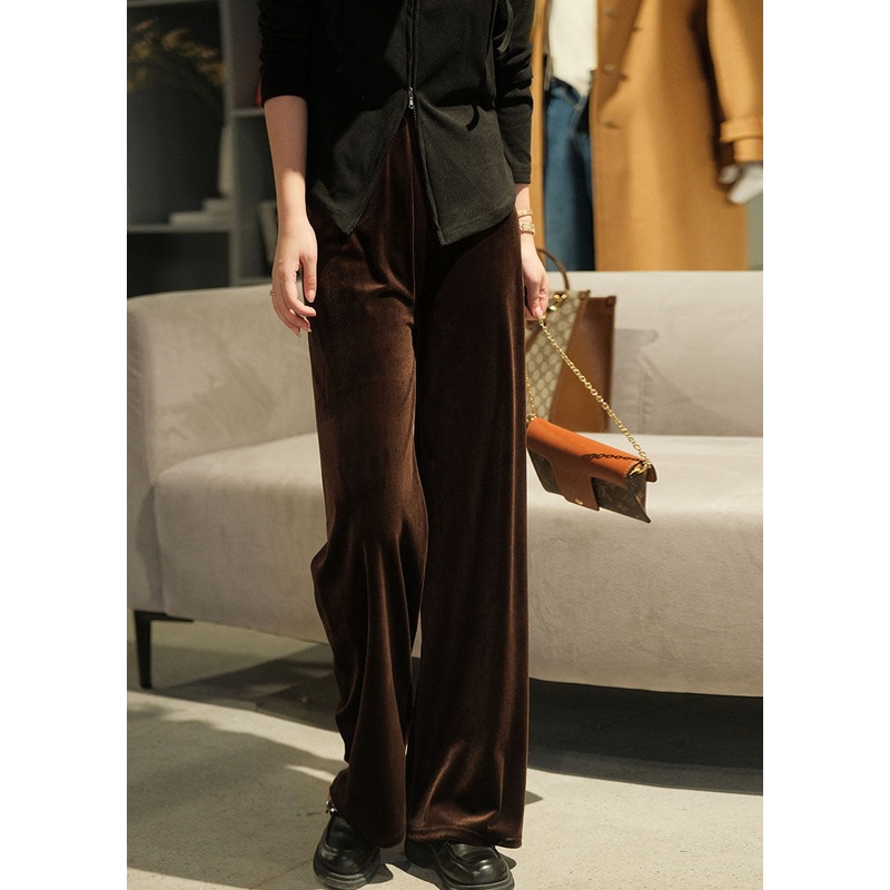 Style Dark Coffee Elastic Waist Draping Silk Velour Wide Leg Pants Winter