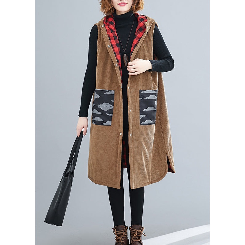 Style Yellow Print Button Pockets Corduroy Hooded Waistcoat Sleeveless