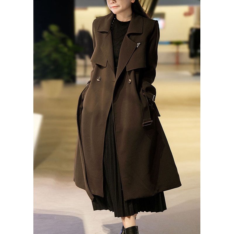 Stylish Chocolate Peter Pan Collar Button Sashes Spandex Coats Two Piece Set Fall
