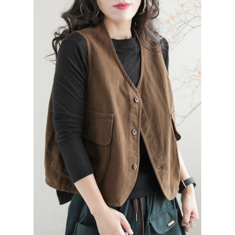 Stylish Coffee Colour V Neck Pockets Waistcoat Sleeveless
