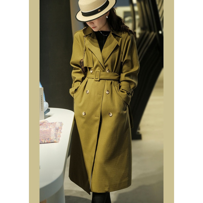 Stylish Light Green Notched Collar Double Breast Sashes Cotton Coats Fall