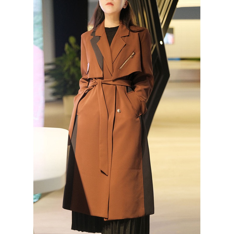 Unique Caramel Zip Up Patchwork Spandex Trench Coats 2 Piece Outfit Fall