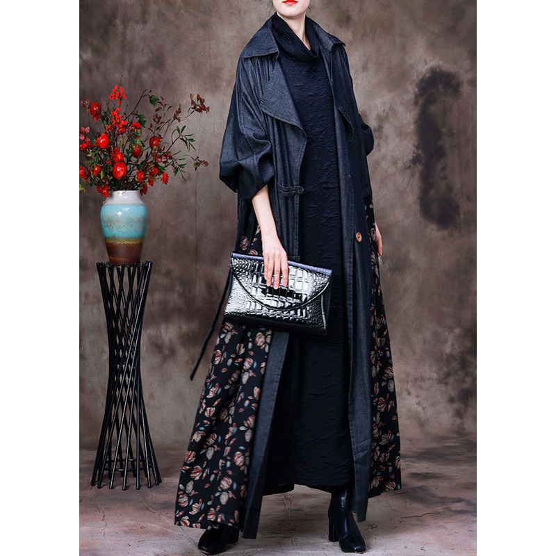 Unique Navy Peter Pan Collar Patchwork Print Cotton Denim Trench Long Sleeve
