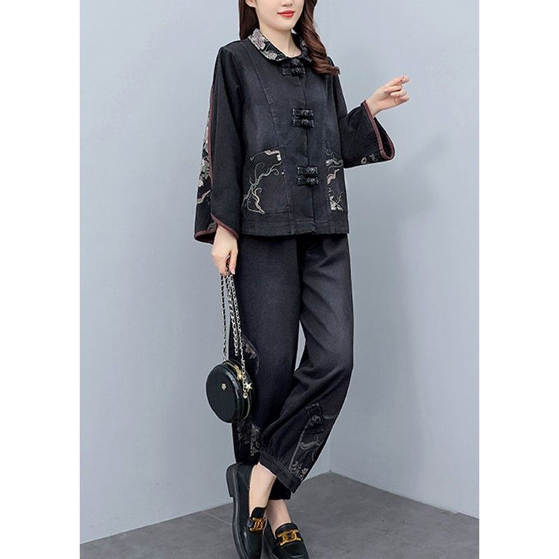 Vintage Black Peter Pan Collar Print Denim Coats And Pants Two Pieces Set Fall