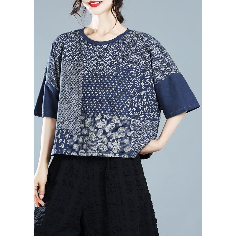 Vintage Navy O-Neck Patchwork Print Cotton Tanks Half Sleeve