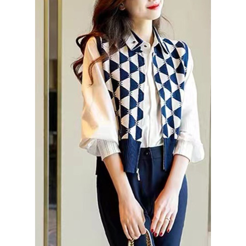 Vintage Navy Peter Pan Collar Asymmetrical Knit waistcoat Sleeve