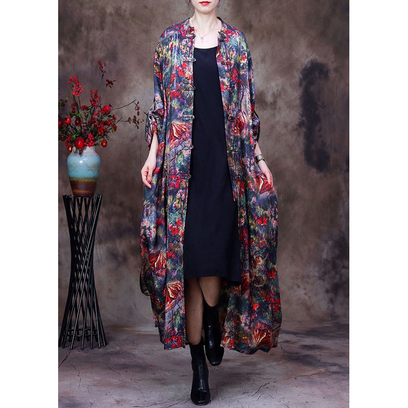 Vintage Red Print Oriental Button Silk Trench Coats Long Sleeve