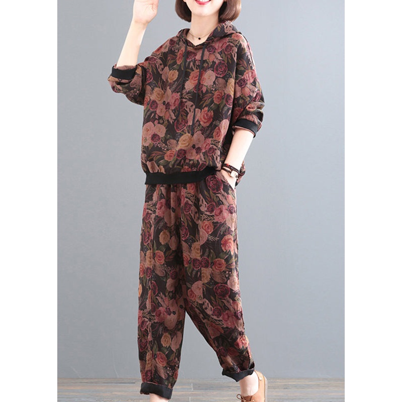 Vogue Black Print Linen Hooded Top And Pants Two Pieces Set Fall