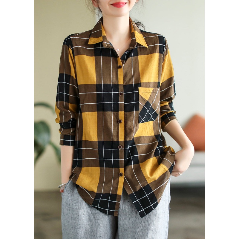 Vogue Yellow Peter Pan Collar Plaid Button Cotton Shirt Long Sleeve